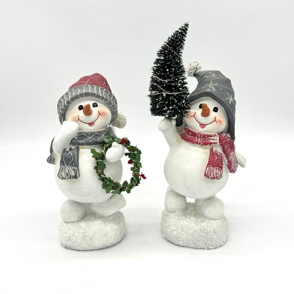 Set of 2 Light Up Snowmen w/ Wreath & Bottle Brush Christmas Tree Snowman - Picture 1 of 10
